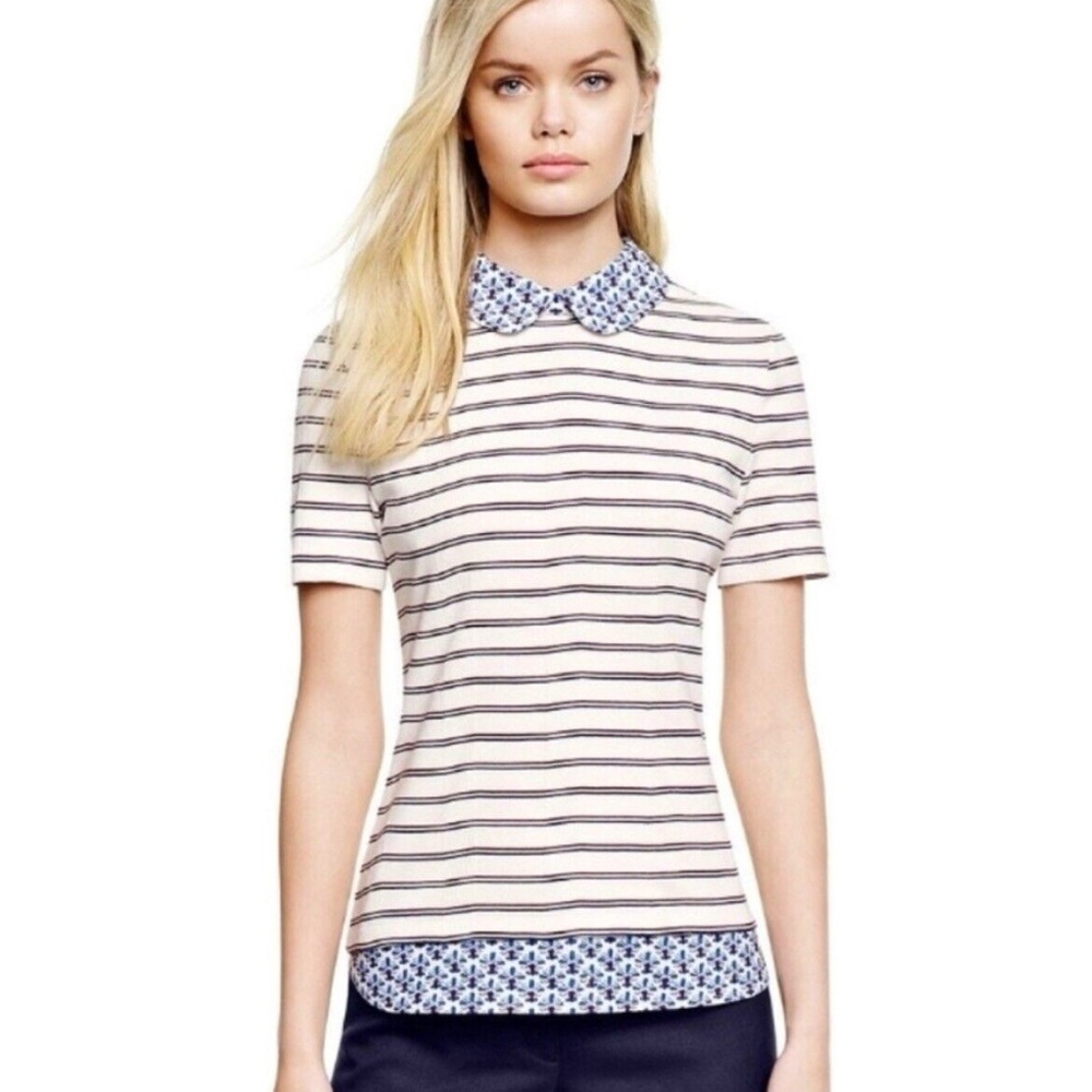 TORY BURCH CREAM BLUE ALEXANDRIA STRIPED FLORAL PRINT COLLAR TRIM BLOUSE TOP